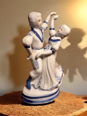 Cobalt Blue Gold  and White Porcelain Dancing Couple Figurine